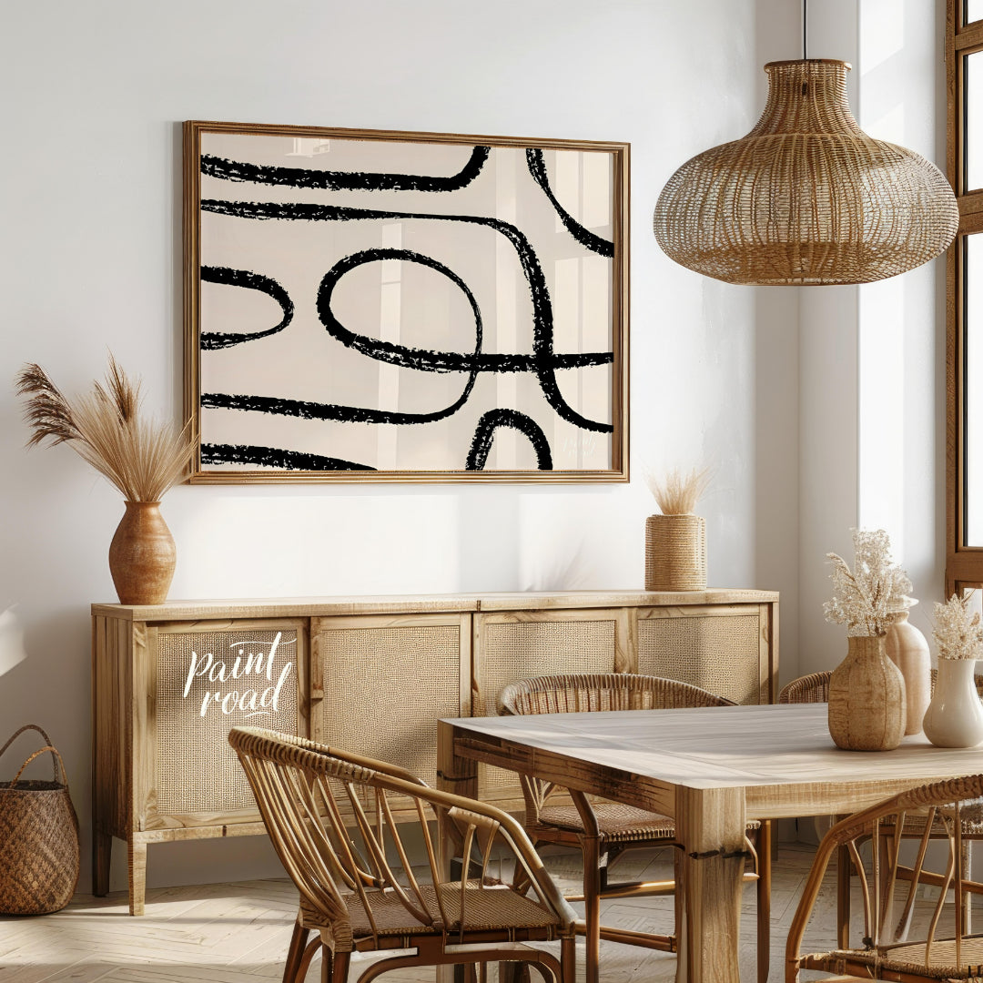 "This artwork, ""Abstract Line No. 5"" by Miuus Studio, features a series of bold, black, hand-draw… for dining room