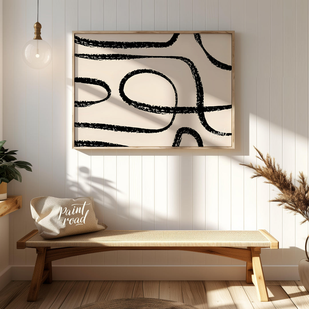 "This artwork, ""Abstract Line No. 5"" by Miuus Studio, features a series of bold, black, hand-draw… for entryway