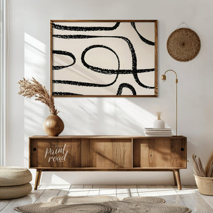 "This artwork, ""Abstract Line No. 5"" by Miuus Studio, features a series of bold, black, hand-draw… for living room