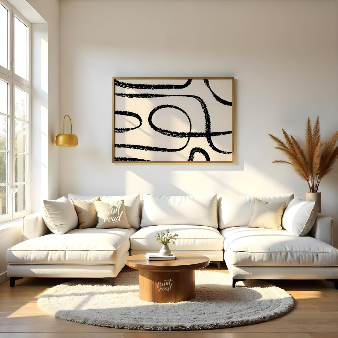 "This artwork, ""Abstract Line No. 5"" by Miuus Studio, features a series of bold, black, hand-draw… for living room