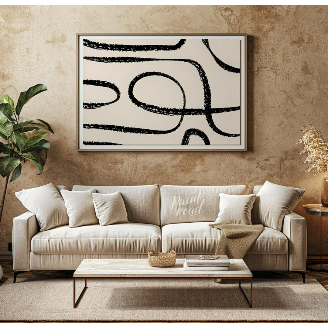 "This artwork, ""Abstract Line No. 5"" by Miuus Studio, features a series of bold, black, hand-draw… for living room