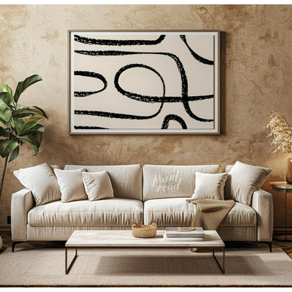 "This artwork, ""Abstract Line No. 5"" by Miuus Studio, features a series of bold, black, hand-draw… for living room