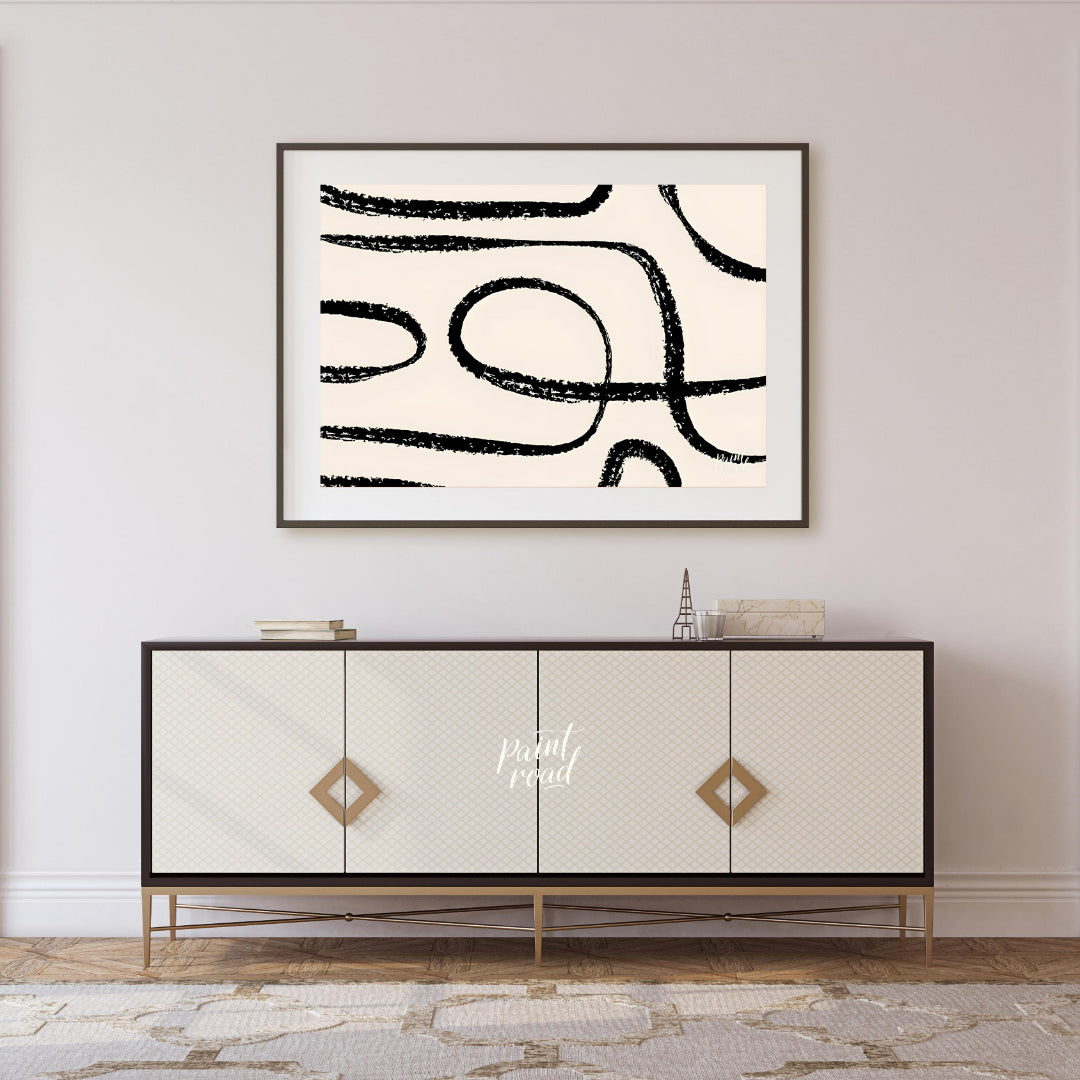 "This artwork, ""Abstract Line No. 5"" by Miuus Studio, features a series of bold, black, hand-draw… for living room