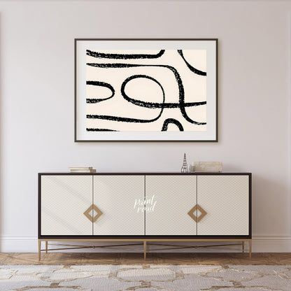 "This artwork, ""Abstract Line No. 5"" by Miuus Studio, features a series of bold, black, hand-draw… for living room
