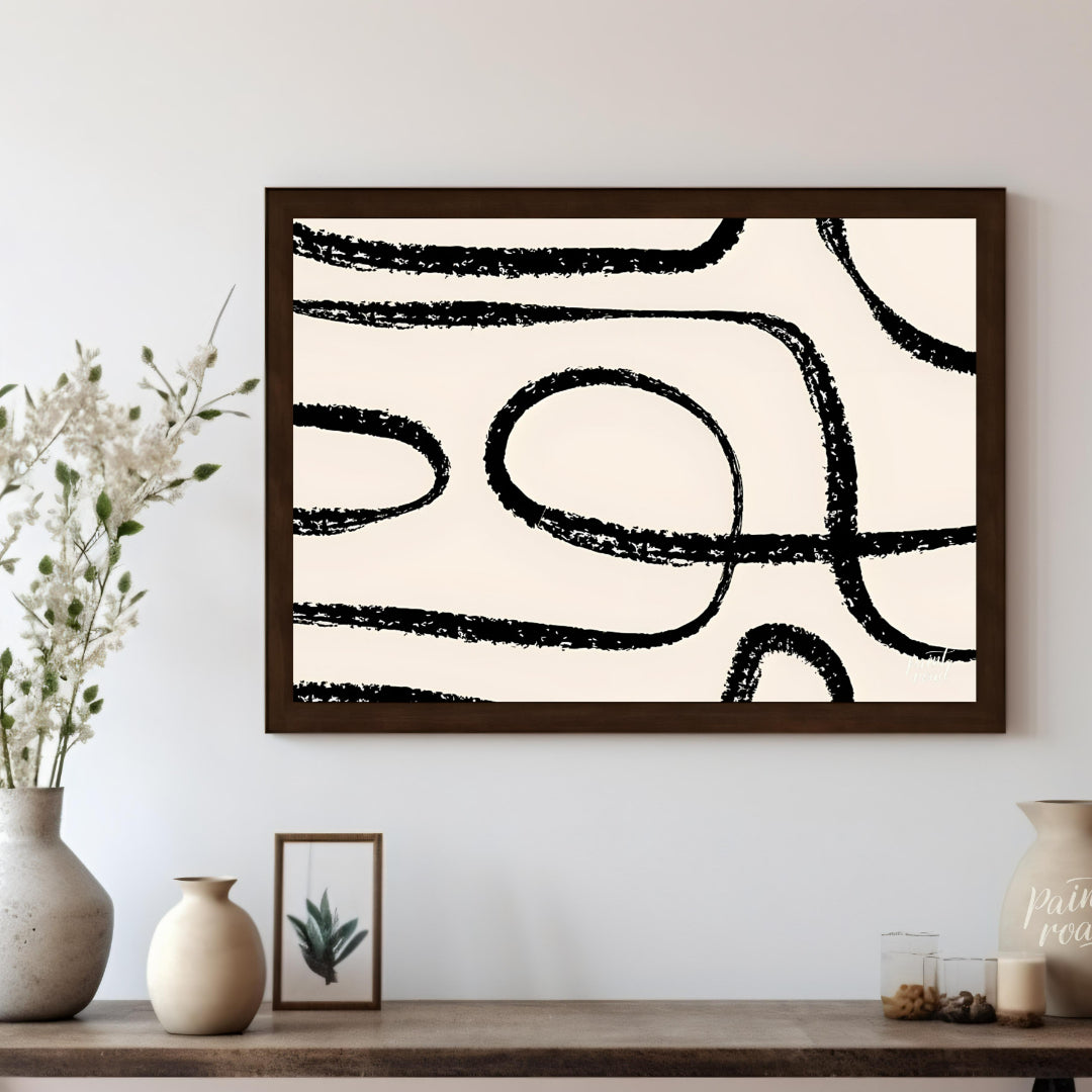 "This artwork, ""Abstract Line No. 5"" by Miuus Studio, features a series of bold, black, hand-draw… for living room