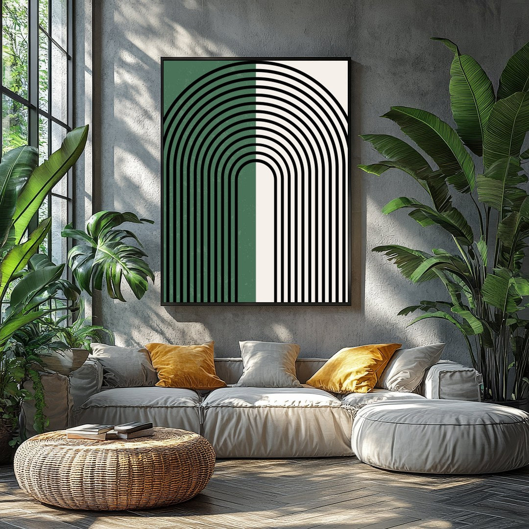 This striking artwork features an elegant arch pattern with bold black lines set against a for Balcony