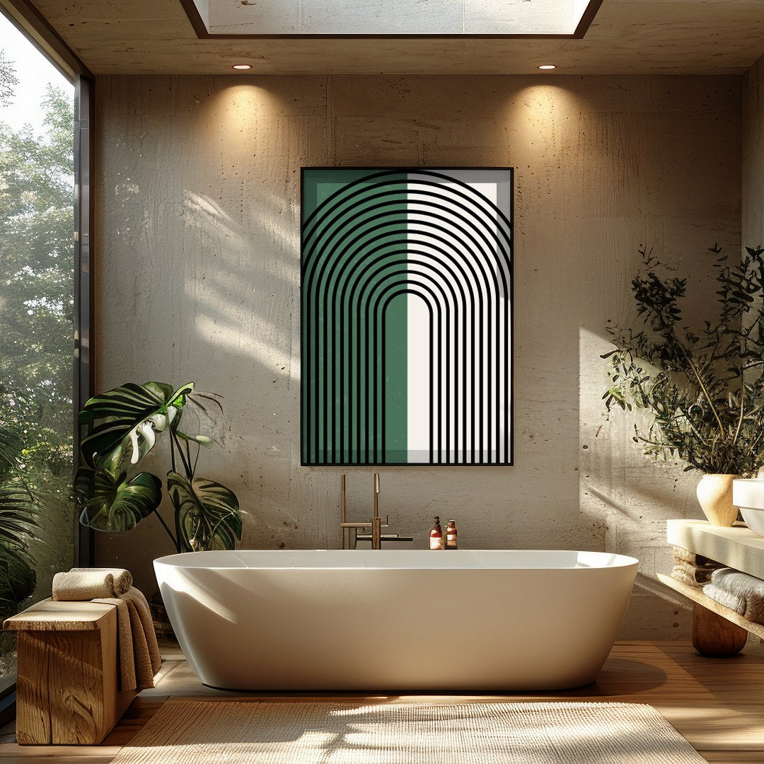 This striking artwork features an elegant arch pattern with bold black lines set against a for Bathroom