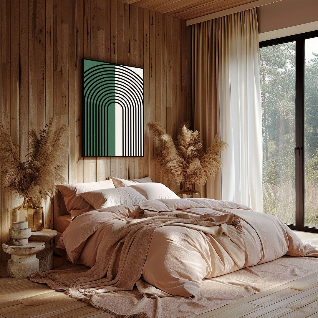 This striking artwork features an elegant arch pattern with bold black lines set against a for Bedroom