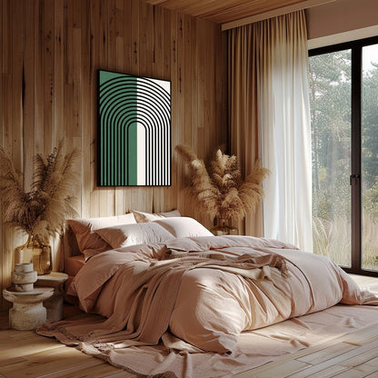 This striking artwork features an elegant arch pattern with bold black lines set against a for Bedroom