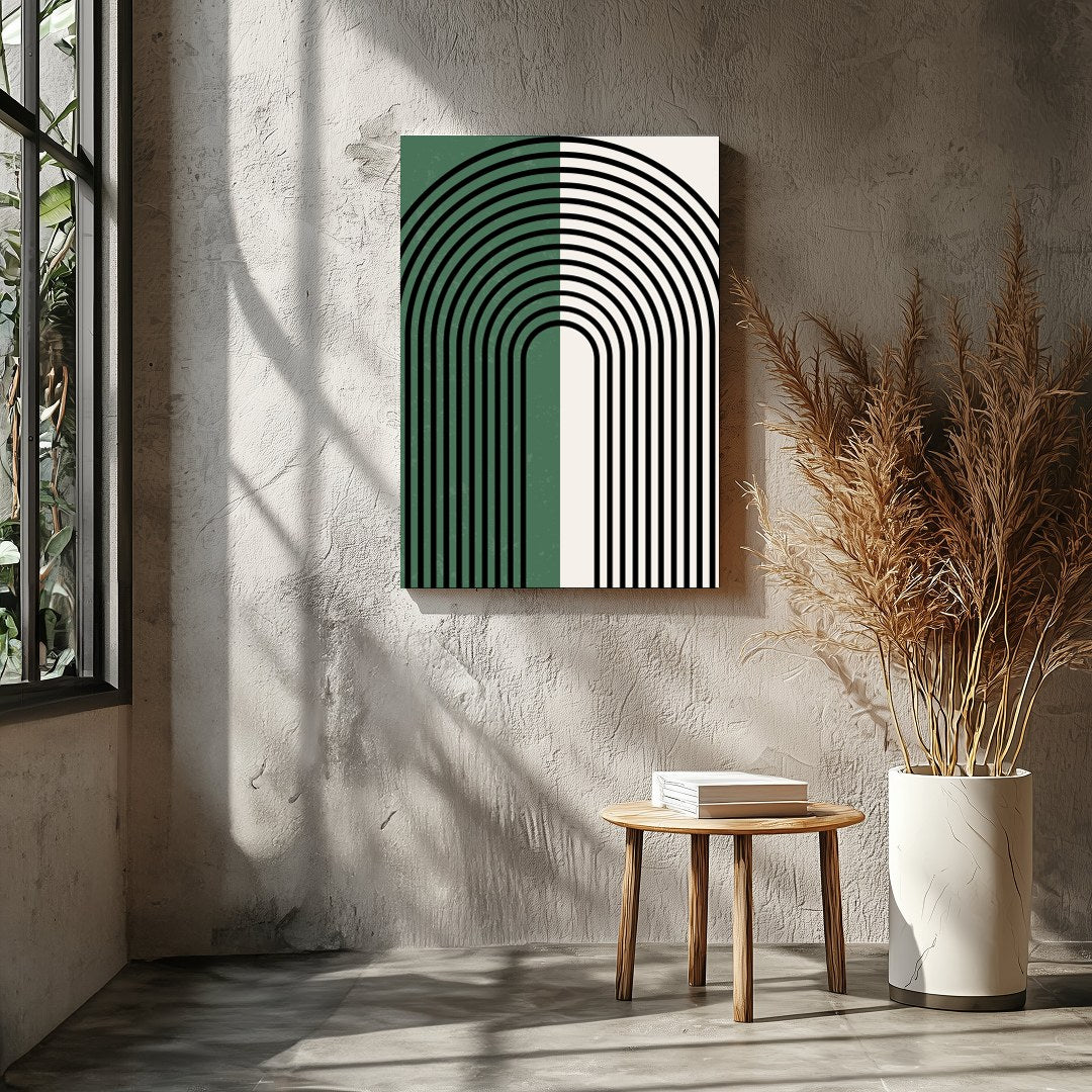 This striking artwork features an elegant arch pattern with bold black lines set against a for Entrance