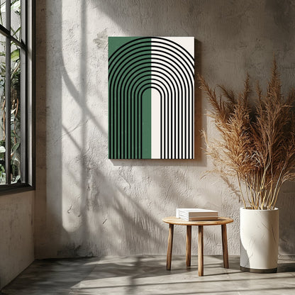 This striking artwork features an elegant arch pattern with bold black lines set against a for Entrance