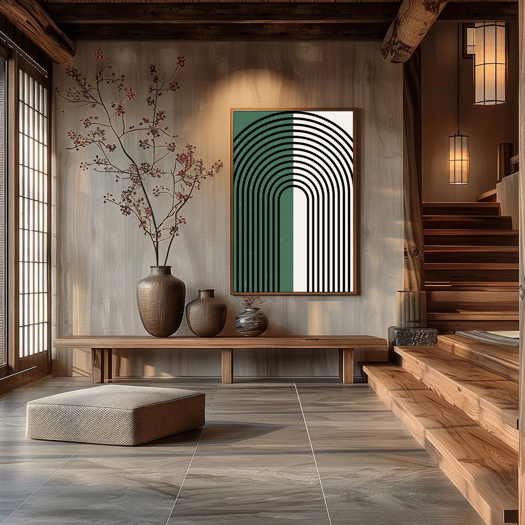 This striking artwork features an elegant arch pattern with bold black lines set against a for Hall