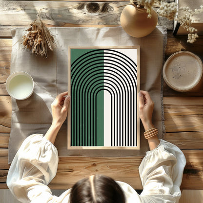 This striking artwork features an elegant arch pattern with bold black lines set against a for Kitchen