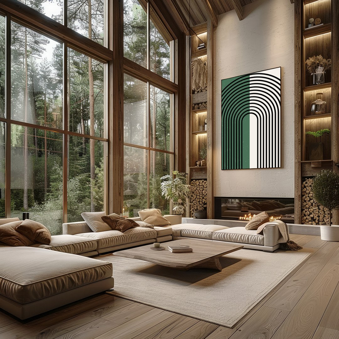 This striking artwork features an elegant arch pattern with bold black lines set against a for Living Room