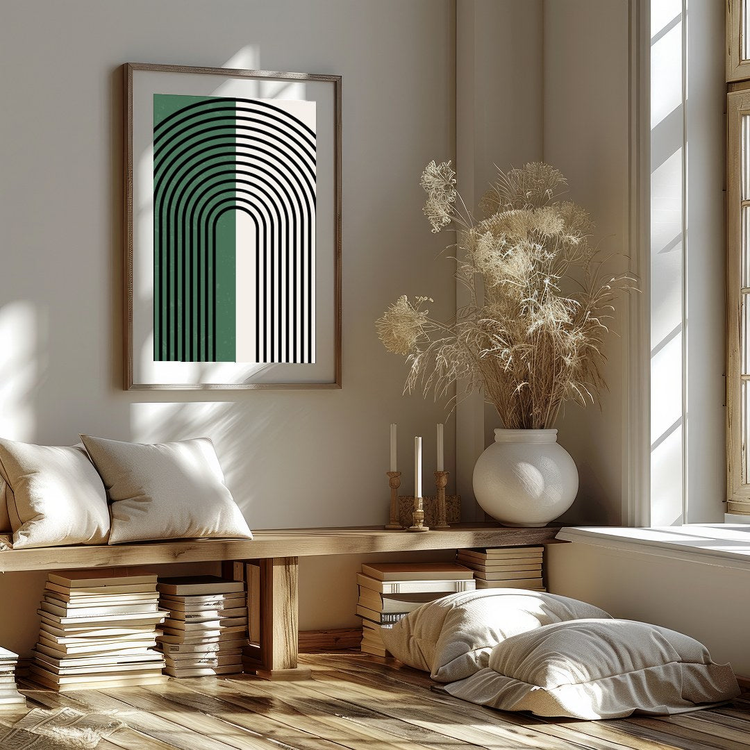 This striking artwork features an elegant arch pattern with bold black lines set against a for place