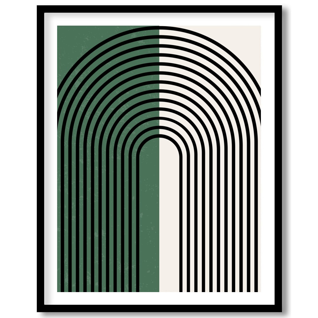 This striking artwork features an elegant arch pattern with bold black lines set against a for sanctuary