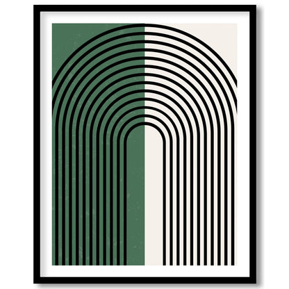 This striking artwork features an elegant arch pattern with bold black lines set against a for sanctuary