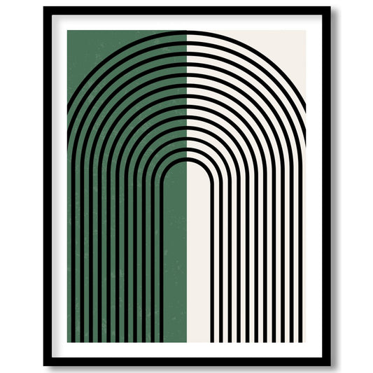 This striking artwork features an elegant arch pattern with bold black lines set against a for sanctuary
