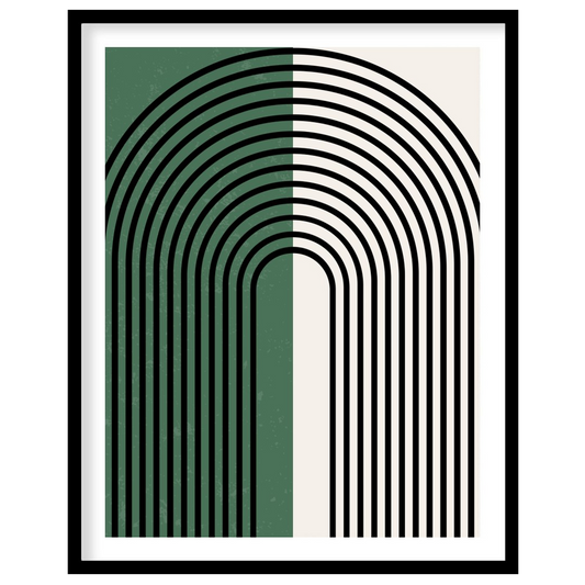 This striking artwork features an elegant arch pattern with bold black lines set against a for sanctuary