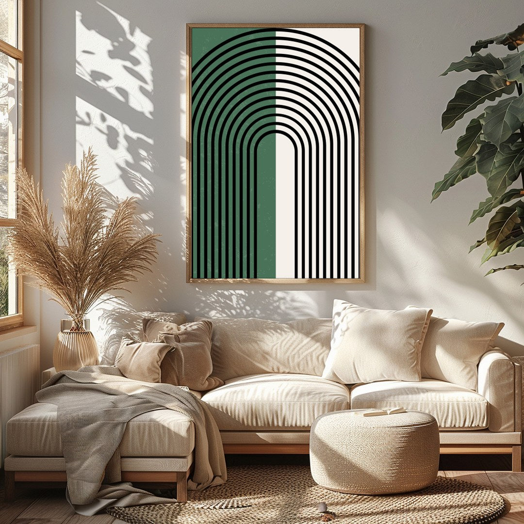 This striking artwork features an elegant arch pattern with bold black lines set against a for Sitting Area