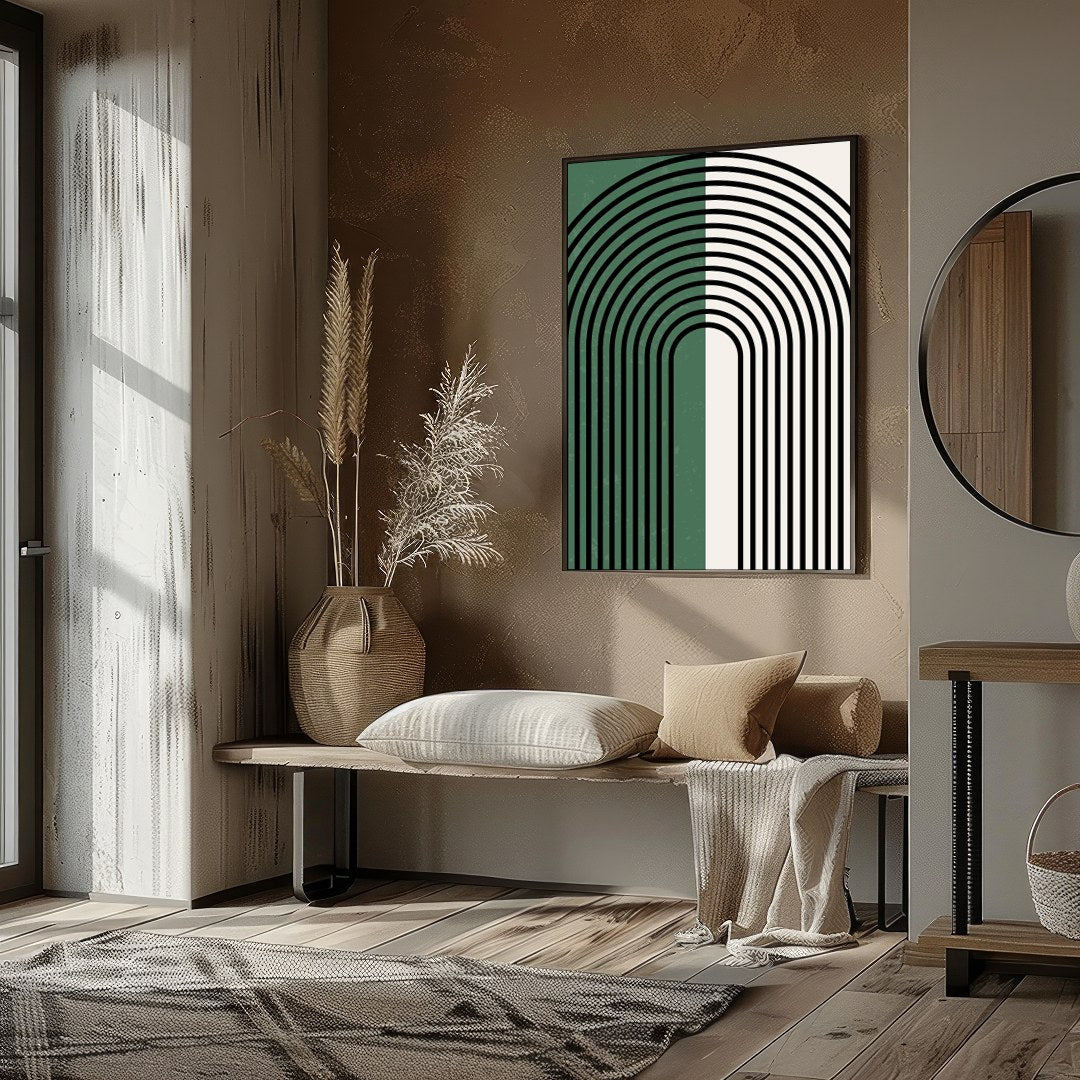 This striking artwork features an elegant arch pattern with bold black lines set against a for sweet-home