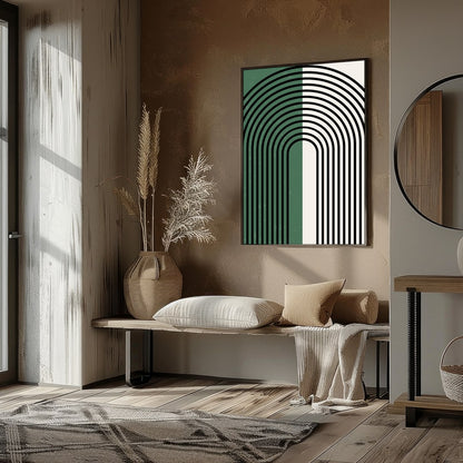 This striking artwork features an elegant arch pattern with bold black lines set against a for sweet-home