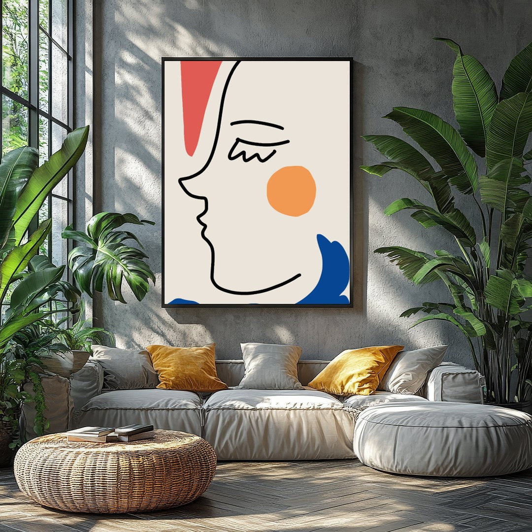 This captivating minimalist artwork features a continuous line drawing of a face, accented with for Balcony