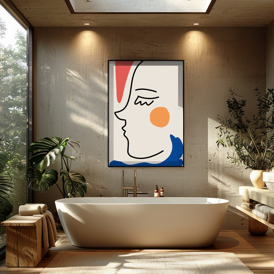 This captivating minimalist artwork features a continuous line drawing of a face, accented with for Bathroom