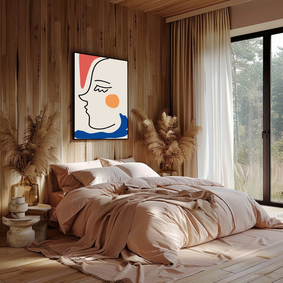 This captivating minimalist artwork features a continuous line drawing of a face, accented with for Bedroom
