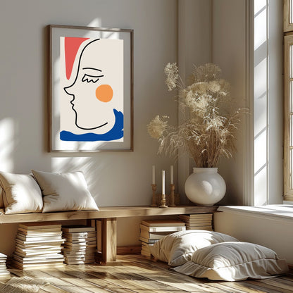 This captivating minimalist artwork features a continuous line drawing of a face, accented with for dwelling