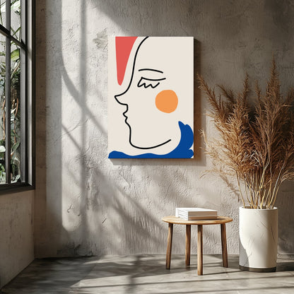 This captivating minimalist artwork features a continuous line drawing of a face, accented with for Entrance