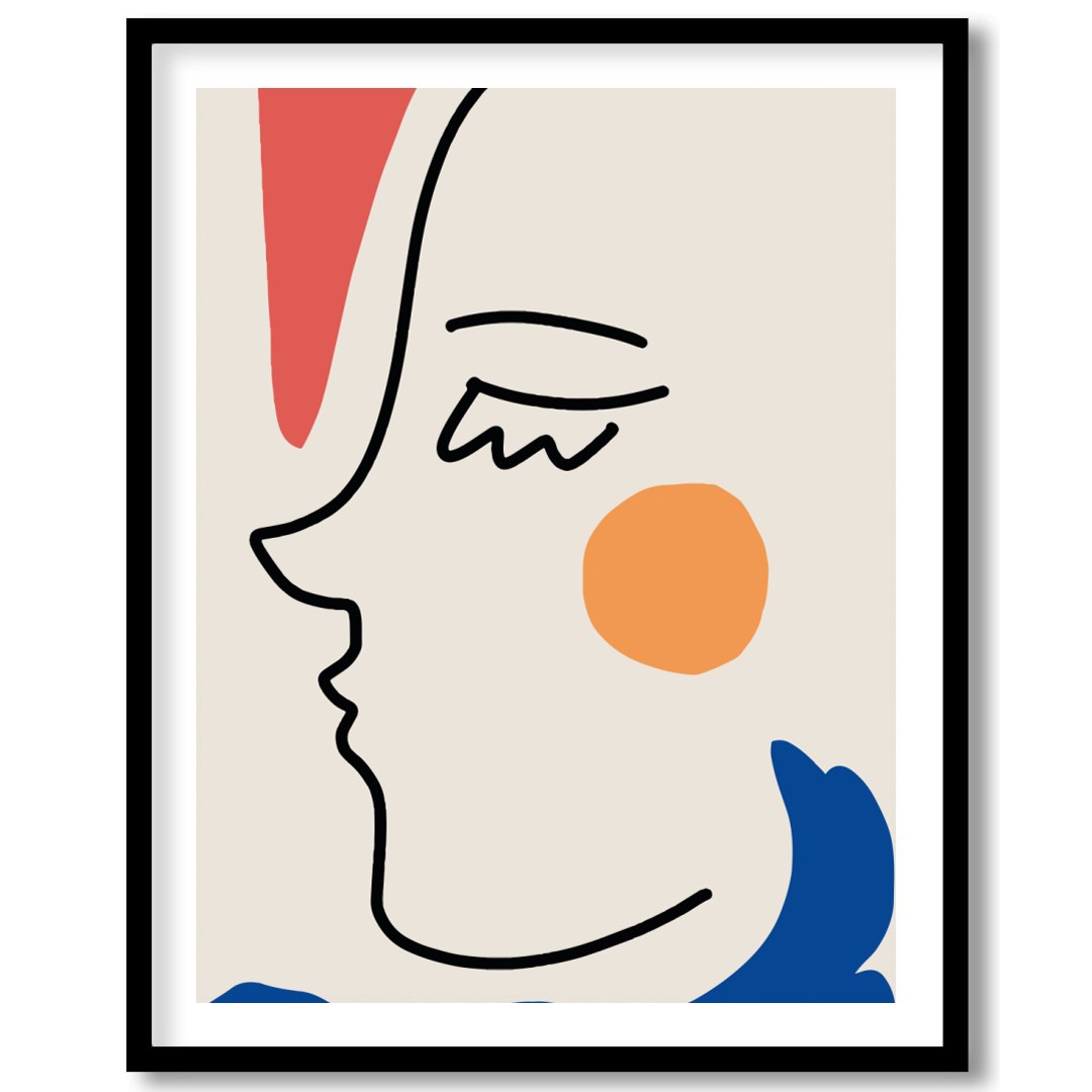 This captivating minimalist artwork features a continuous line drawing of a face, accented with for gallery