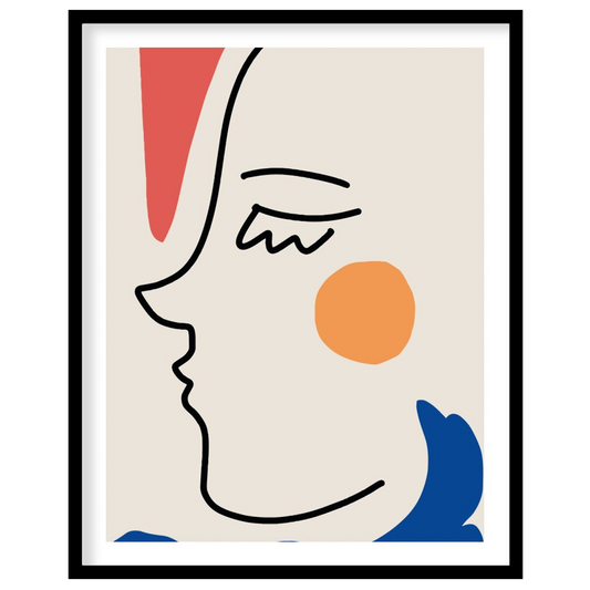 This captivating minimalist artwork features a continuous line drawing of a face, accented with for gallery