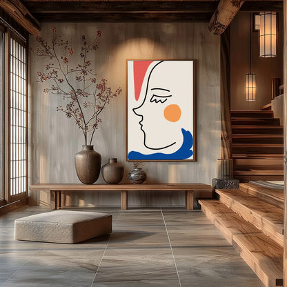 This captivating minimalist artwork features a continuous line drawing of a face, accented with for Hall