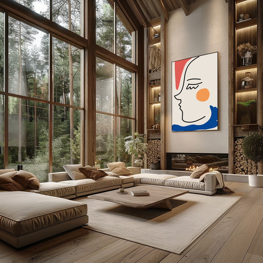 This captivating minimalist artwork features a continuous line drawing of a face, accented with for Living Room