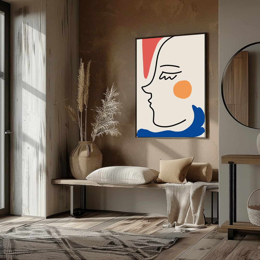 This captivating minimalist artwork features a continuous line drawing of a face, accented with for sanctuary