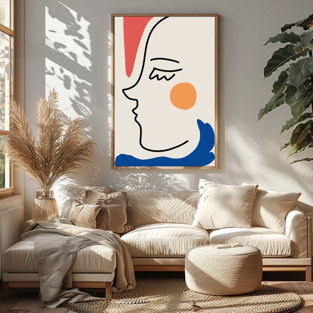 This captivating minimalist artwork features a continuous line drawing of a face, accented with for Sitting Area