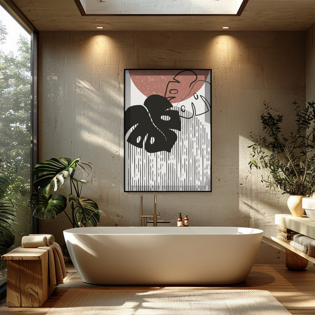 Elevate your space with this modern abstract artwork featuring a stylized monstera leaf design. The for Bathroom