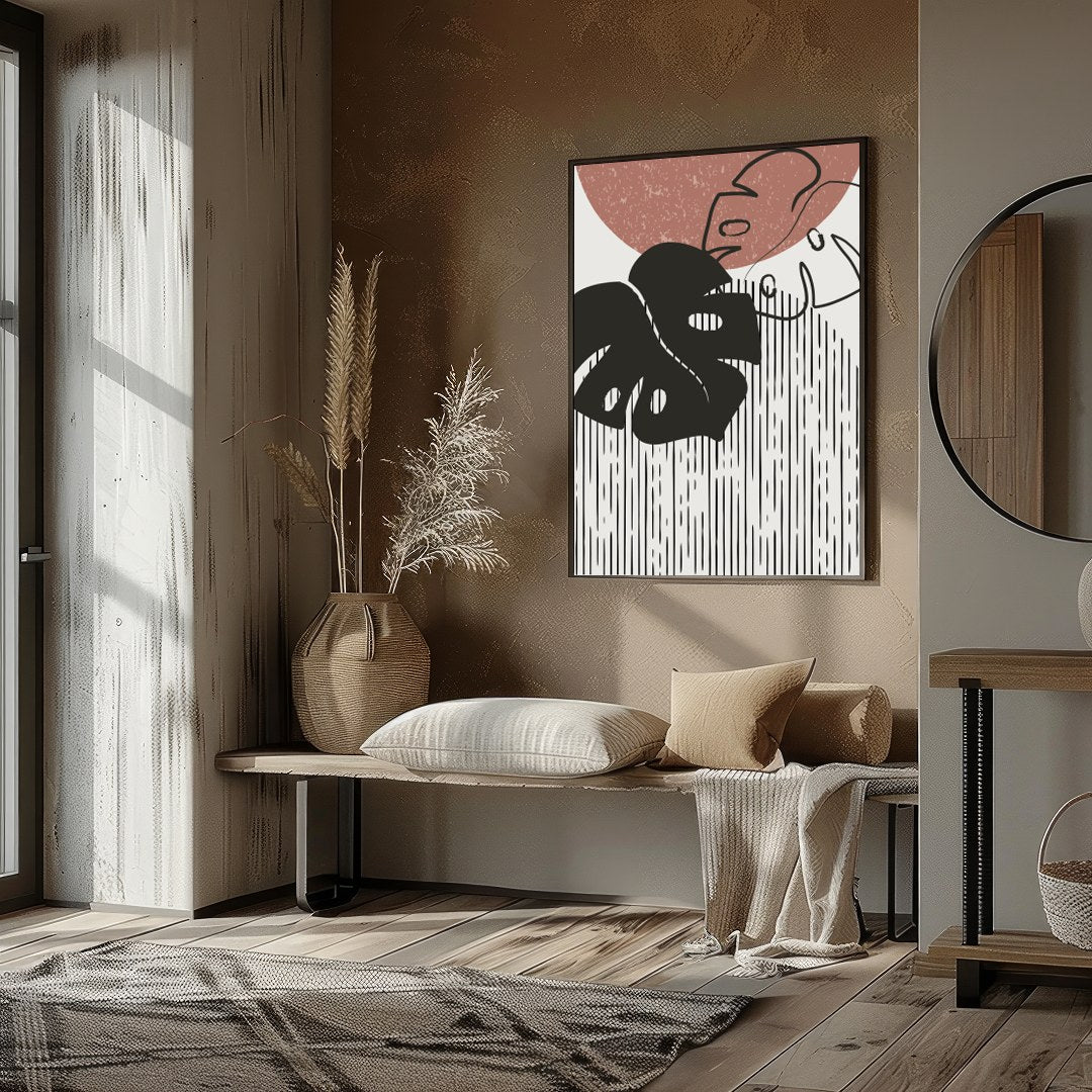 Elevate your space with this modern abstract artwork featuring a stylized monstera leaf design. The for decor