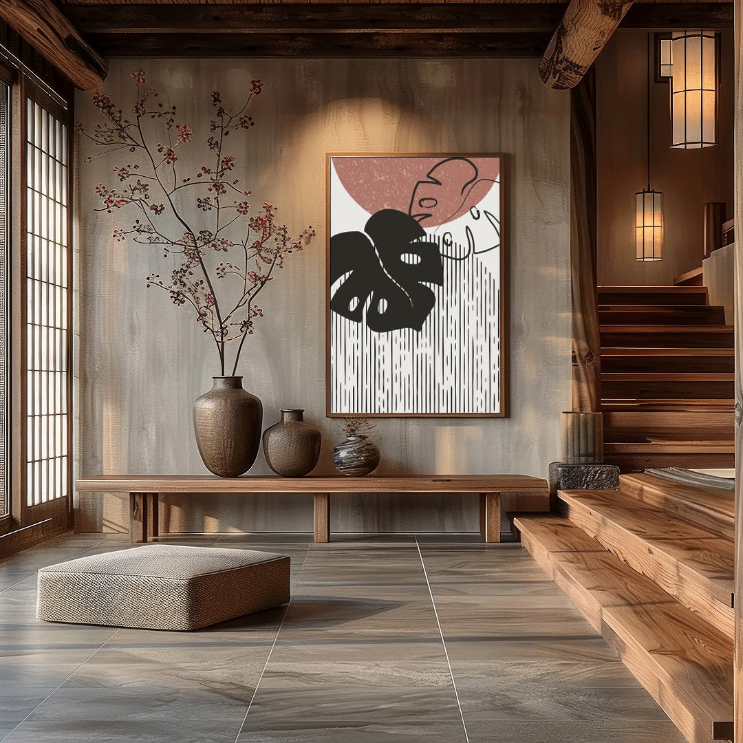 Elevate your space with this modern abstract artwork featuring a stylized monstera leaf design. The for Hall