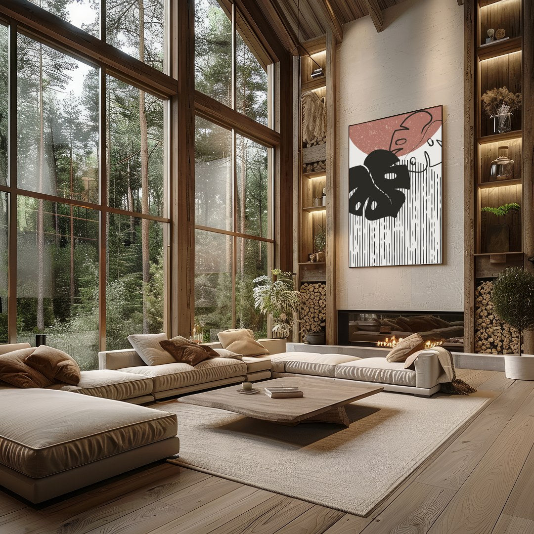 Elevate your space with this modern abstract artwork featuring a stylized monstera leaf design. The for Living Room