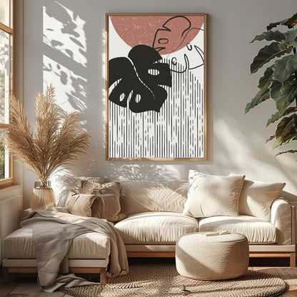 Elevate your space with this modern abstract artwork featuring a stylized monstera leaf design. The for Sitting Area