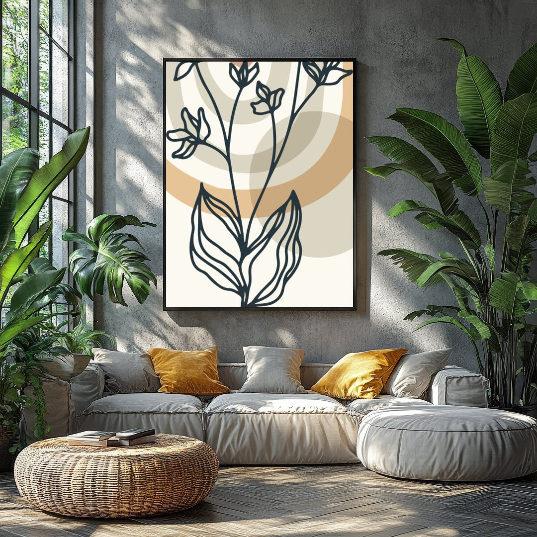 This elegant artwork features a minimalist botanical line drawing set against a backdrop of for Balcony