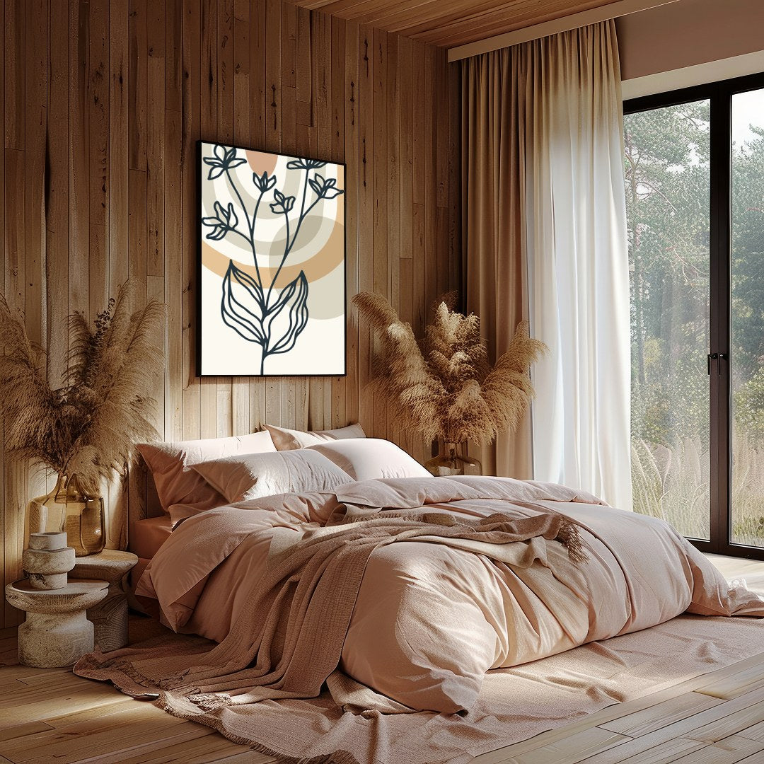 This elegant artwork features a minimalist botanical line drawing set against a backdrop of for Bedroom