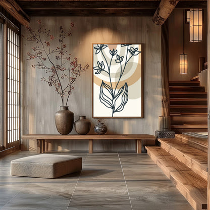 This elegant artwork features a minimalist botanical line drawing set against a backdrop of for Hall
