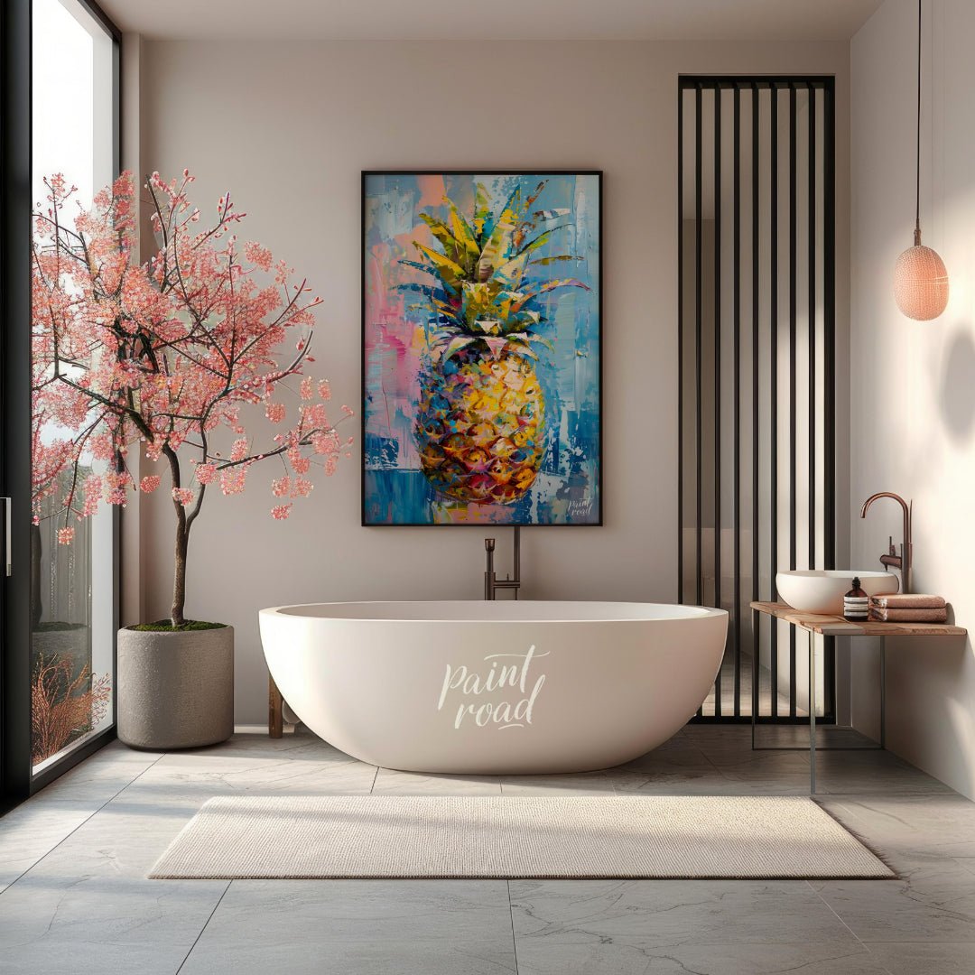 This vibrant painting presents a stylized pineapple with a burst of abstract energy. The artist emp… for bathroom