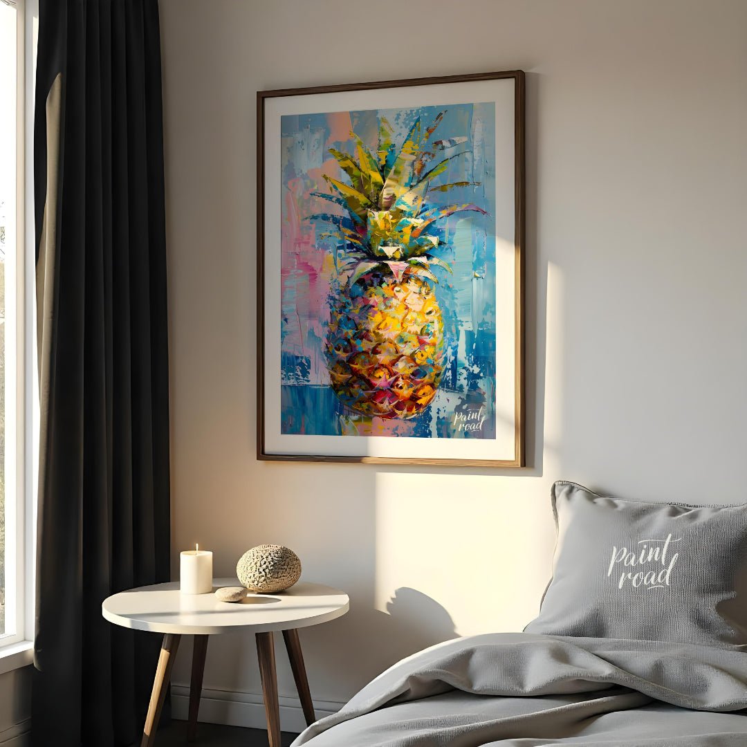 This vibrant painting presents a stylized pineapple with a burst of abstract energy. The artist emp… for bedroom