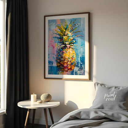 This vibrant painting presents a stylized pineapple with a burst of abstract energy. The artist emp… for bedroom