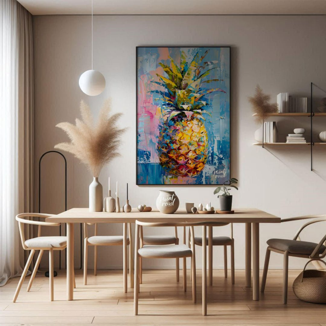 This vibrant painting presents a stylized pineapple with a burst of abstract energy. The artist emp… for dining room