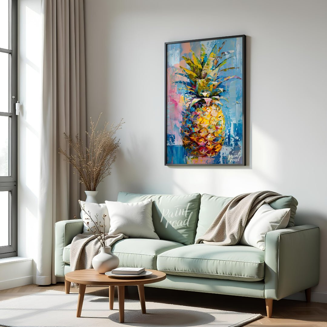 This vibrant painting presents a stylized pineapple with a burst of abstract energy. The artist emp… for living room